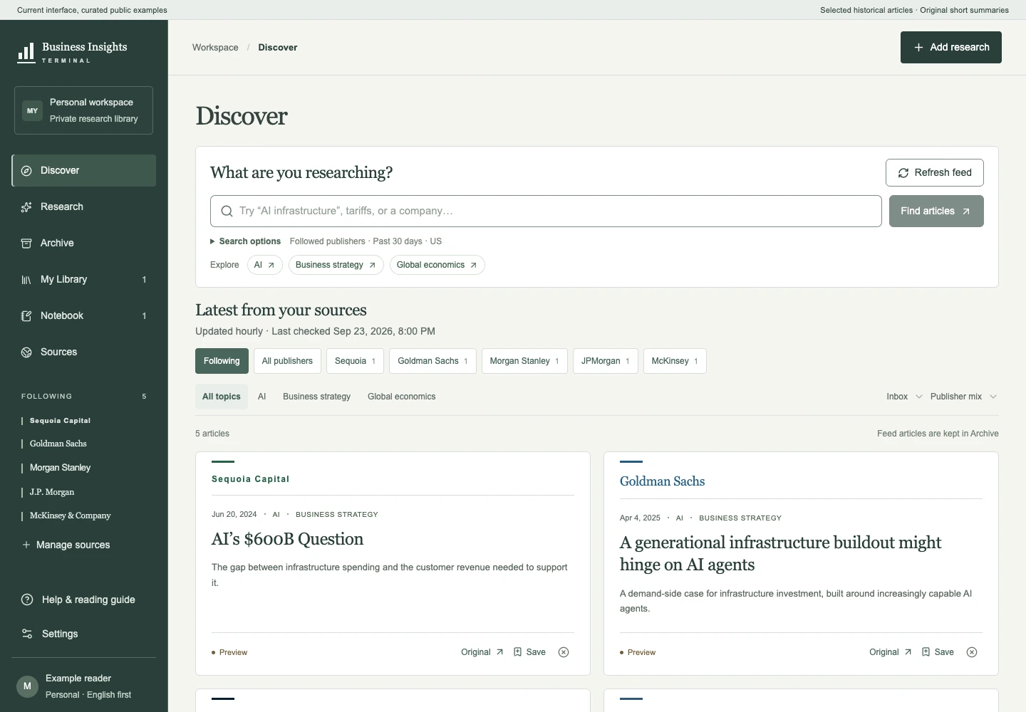 Discover · Current interface with curated public examples